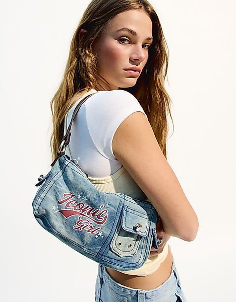 Bershka Schultertasche Aus Denim Mit Print Damen Blau günstig online kaufen