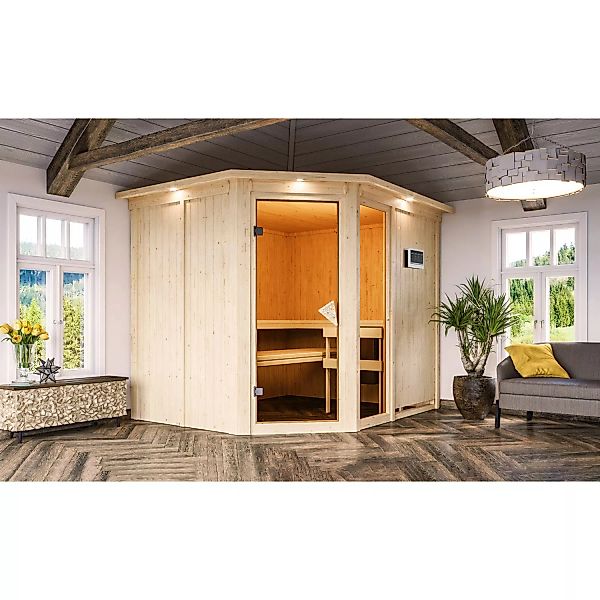 Karibu Sauna Freyja 3 mit Bio-Ofen externe Stg.LED-Dachkranz Natur günstig online kaufen
