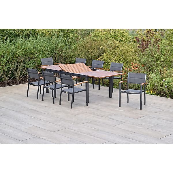 Merxx Paxos Set 9-tlg. 8 Stapelsessel Gartentisch Ausziehbar Akazie Alumini günstig online kaufen