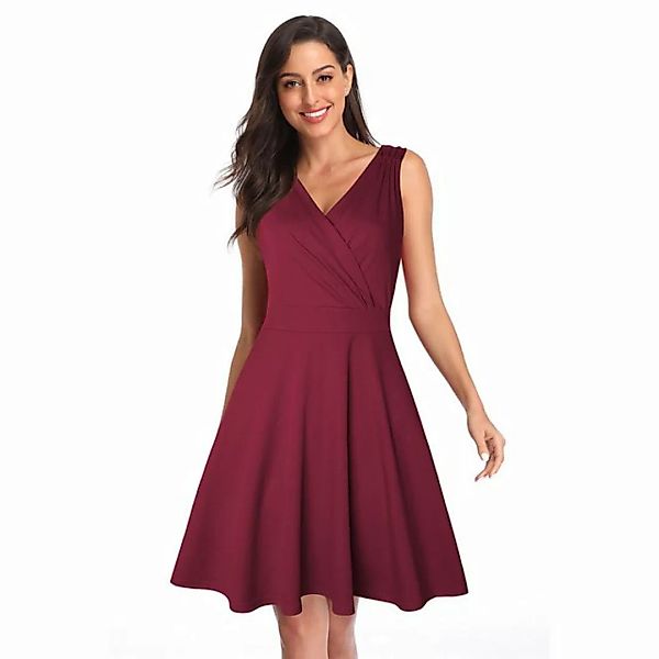 ZWY A-Linien-Kleid Rotwein Plisseekleid,Retro mit V-Ausschnitt,damen kleide günstig online kaufen