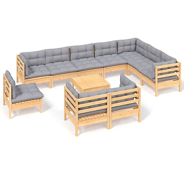 vidaXL 11-Tlg Garten-Lounge-Set mit Grauen Kissen Kiefer Massivholz 3096784 günstig online kaufen