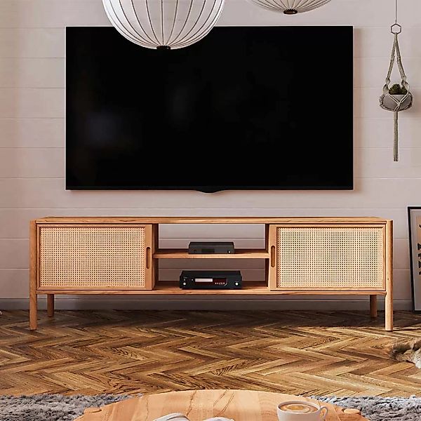 Unterschrank Fernseher aus Wildbuche Massivholz und Rattan 64 cm hoch günstig online kaufen