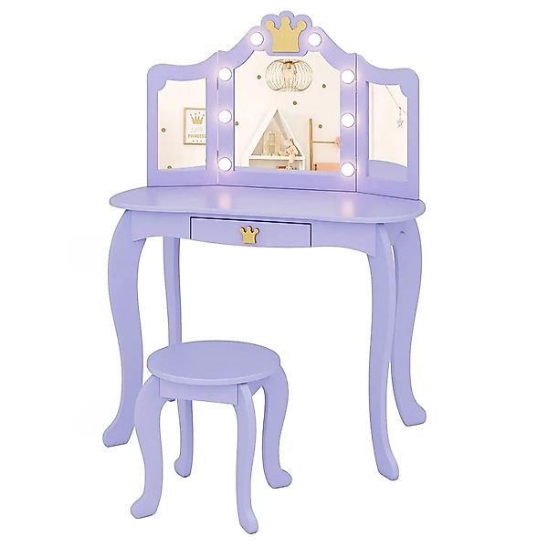 Costway Kinder Schminktisch mit Led & Dreifach Klappbarem Spiegel Lila günstig online kaufen