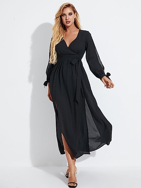 YOINS Black Belted Side Slit Bindev-Ausschnitt Kleid günstig online kaufen