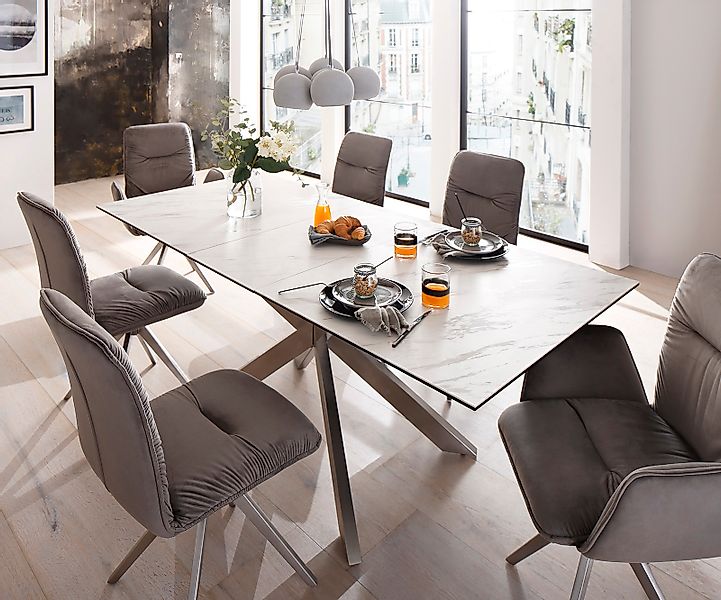 Esstisch Daven 160/200x90 cm Keramik Weiß Edelstahl ausziehbar günstig online kaufen
