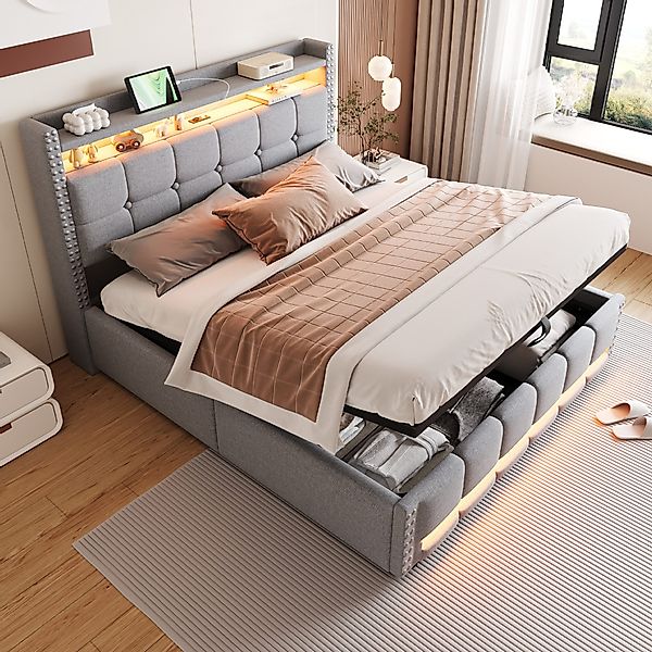 Flieks Polsterbett, LED Hydraulisches Stauraumbett Doppelbett günstig online kaufen