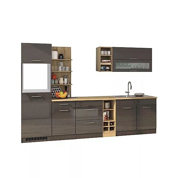 Design Küchenblock in Grau hochglänzend 300 cm breit (neunteilig) günstig online kaufen
