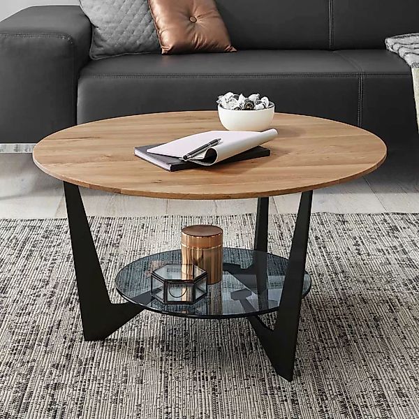 Sofa Tisch mit Ablage aus Eiche Massivholz Sicherheitsglas günstig online kaufen
