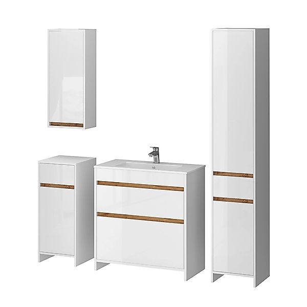 Vicco Badmöbel-Set Detmold Weiß Hochglanz/Goldkraft Eiche 5er-Set günstig online kaufen