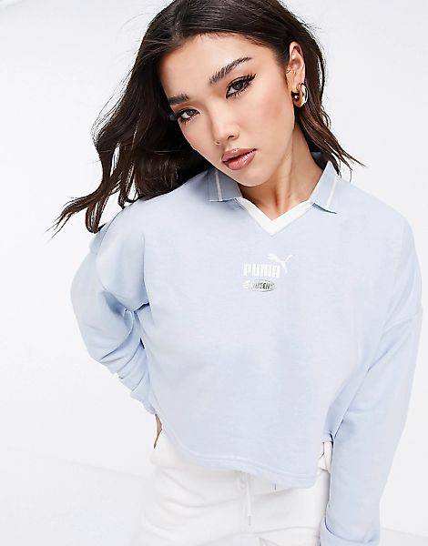 PUMA – Queen – Kurz geschnittenes Sweatshirt in Blau mit Oversize-Kragen günstig online kaufen