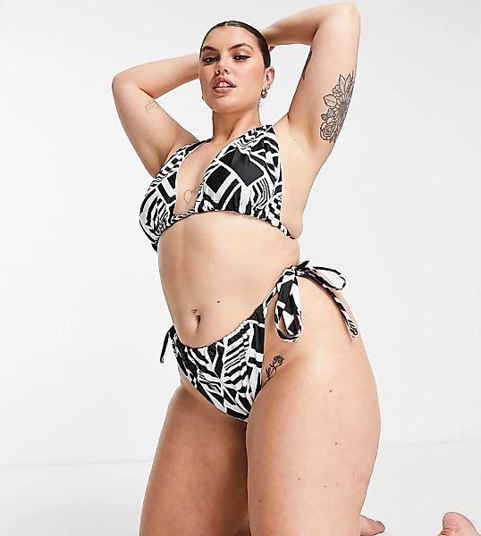 ASOS DESIGN Curve – Gemusterte Bikinihose in Schwarz-Weiß mit seitlicher Sc günstig online kaufen