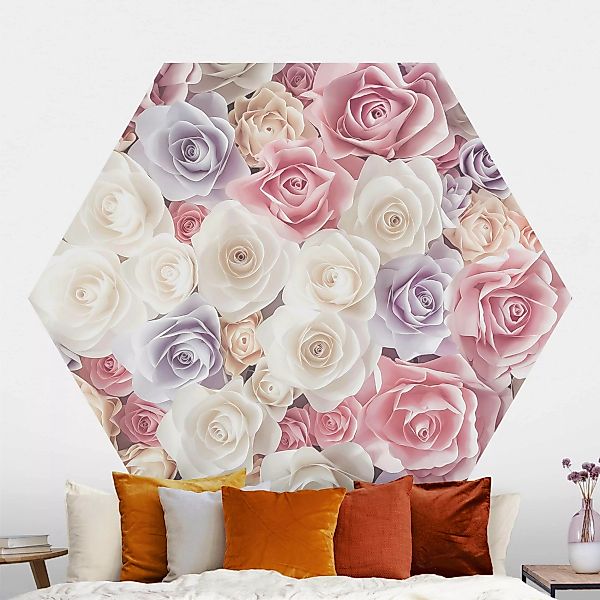 Hexagon Fototapete selbstklebend Pastell Paper Art Rosen günstig online kaufen