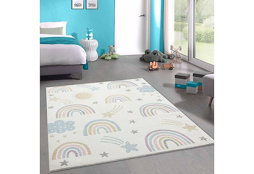 Carpetia Teppich Kurzflor Teppich Kinder creme-mix pastell Regenbogen Stern günstig online kaufen