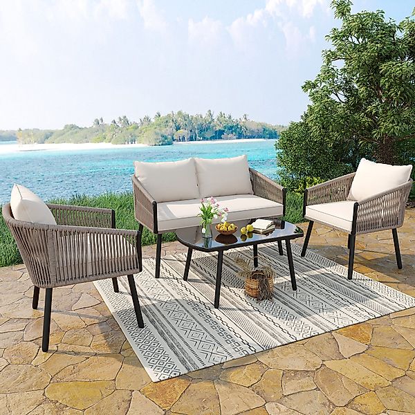 Flieks Gartenlounge-Set, 4-Sitzer Seil Gartenmöbel, Doppelsofa günstig online kaufen