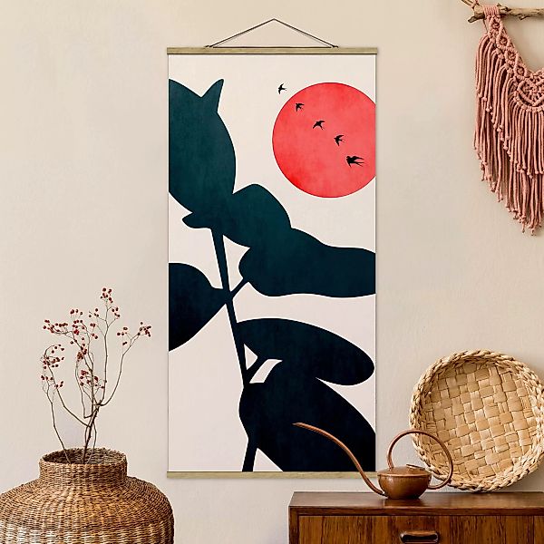 Stoffbild mit Posterleisten Pflanzenwelt mit roter Sonne günstig online kaufen