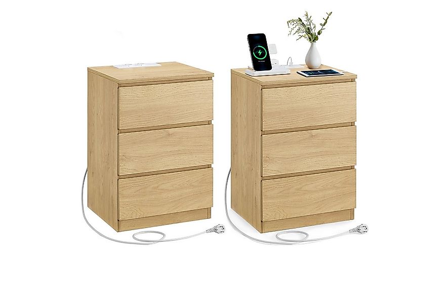 VASAGLE Nachttisch (2-St), 3 Schubladen, abgeschrägte Kante, 2 AC-Steckdose günstig online kaufen