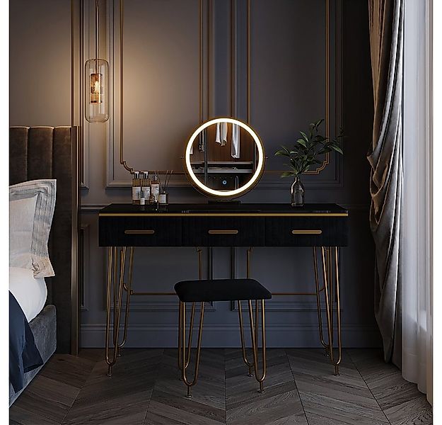 Vicco Schminktisch Layla, Schwarz Hochglanz, 100 cm mit LED Spiegel und Hoc günstig online kaufen