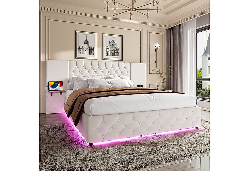 Celya Polsterbett Bettgestell mit breitem Kopfteil, LED-Licht, USB-Anschlus günstig online kaufen