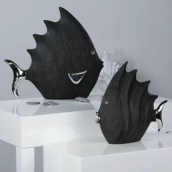 Design-Skulptur Fisch groß  schwarz Steinoptik mit silbernem Augen Mund und günstig online kaufen