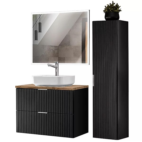 Badezimmer Möbel Set mit Keramik Aufsatzbecken, Hochschrank und rechteckige günstig online kaufen
