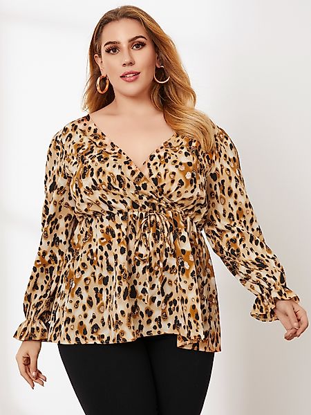 Plus Size Bluse mit V-Ausschnitt und Leopardenmuster zum Binden im Wickelde günstig online kaufen