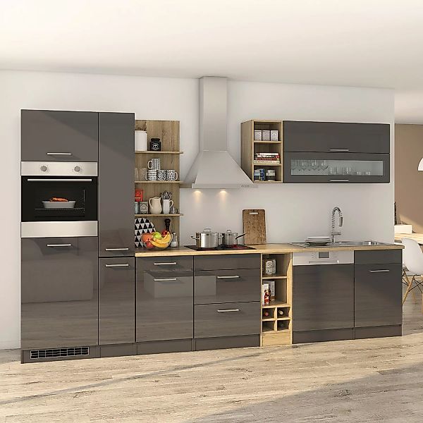 Held Möbel Küchenzeile Mailand 340 cm Grau Hochglanz-Grau Matt mit E-Geräte günstig online kaufen