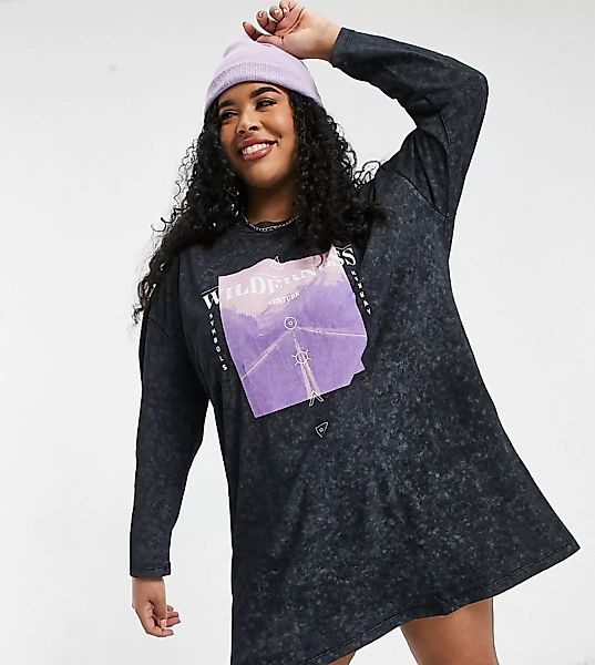 ASOS DESIGN Curve – Langärmliges, übergroßes T-Shirt-Kleid mit „Wilderness” günstig online kaufen