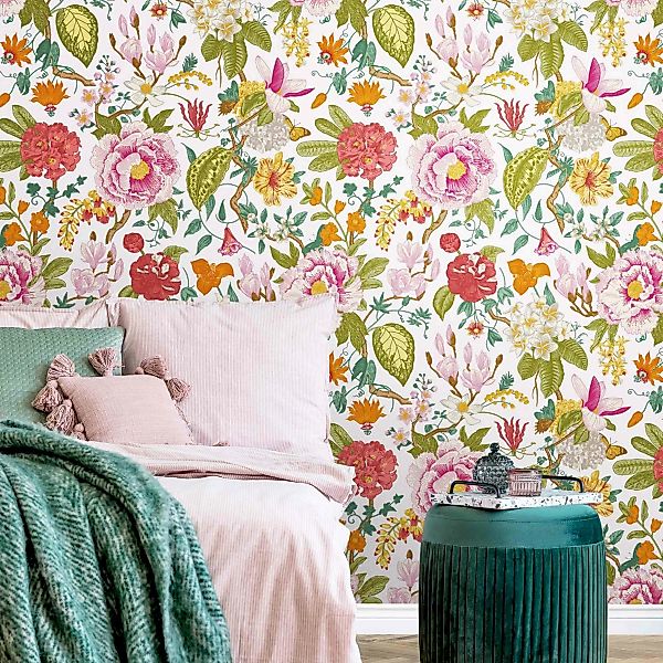 Fototapete Illustriertes Blumen Chinoiserie Muster auf Hellrosa günstig online kaufen