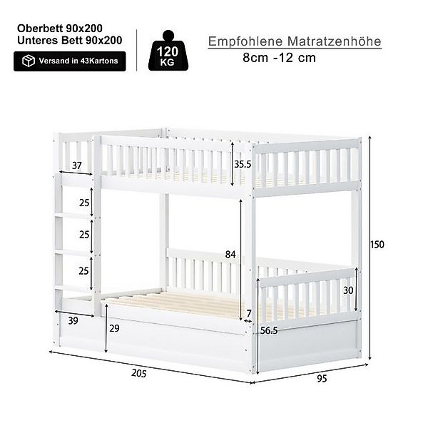 Merax Etagenbett (Kiefernholz Stockbett Stauraumbett, 205 x 95 x 150 cm, 1- günstig online kaufen