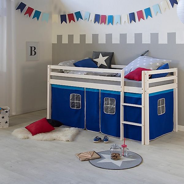 Homestyle4u Hochbett 90x200 Weiß Vorhang Blau 519 günstig online kaufen