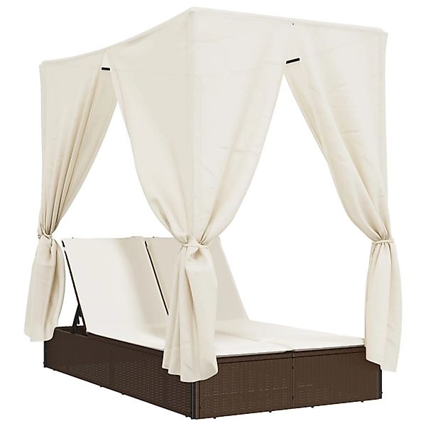 vidaXL Doppel-Sonnenliege mit Dach und Vorhängen Braun Poly Rattan 368073 günstig online kaufen