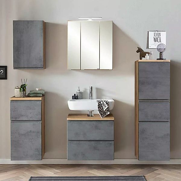 Modernes Badezimmermöbel Set in Beton Grau Wildeichefarben (fünfteilig) günstig online kaufen