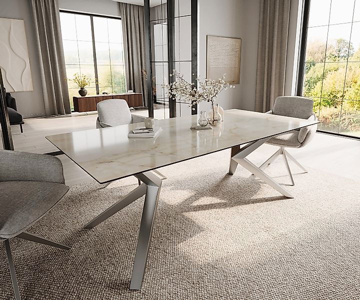 Esstisch Edge 200x100 Keramik Laminam® Onice Oro ?Zenthara kantig Edelstahl günstig online kaufen
