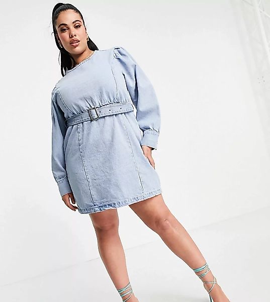 Missguided Plus – Langärmliges Jeanskleid mit Gürtel in Blau günstig online kaufen