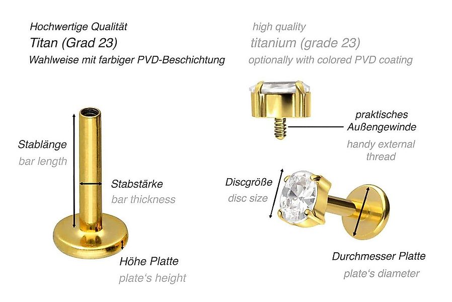 PIERCINGLINE Piercing-Set Titan Labret mit Innengewinde EINGEFASSTES KRISTA günstig online kaufen