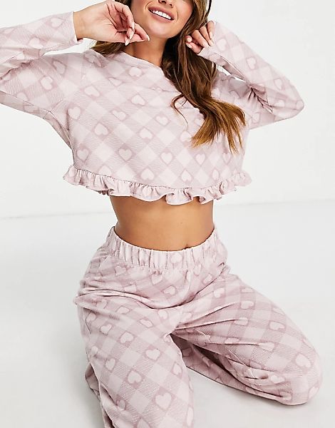 Miss Selfridge – Weiches Pyjama-Set mit Oberteil und Hose mit Herz-Print-Ro günstig online kaufen