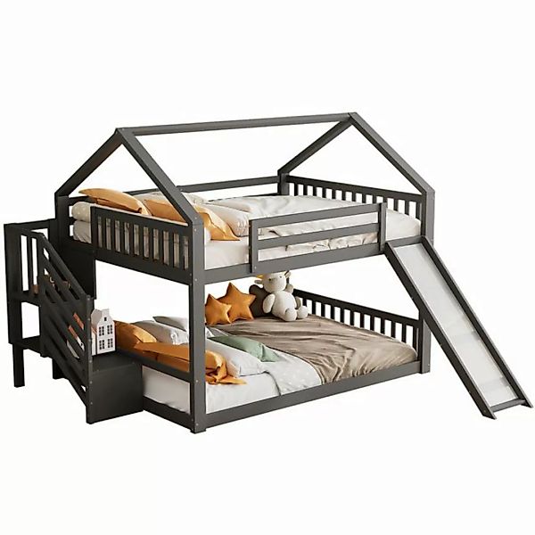 DOPWii Bett 140x200cm Etagenbett mit Stauraumtreppe und Rutsche, Hausbett, günstig online kaufen