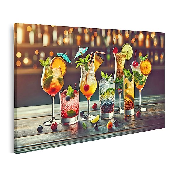 islandburner Leinwandbild Farbenfrohe Cocktailreihe: Fünf Gläser günstig online kaufen