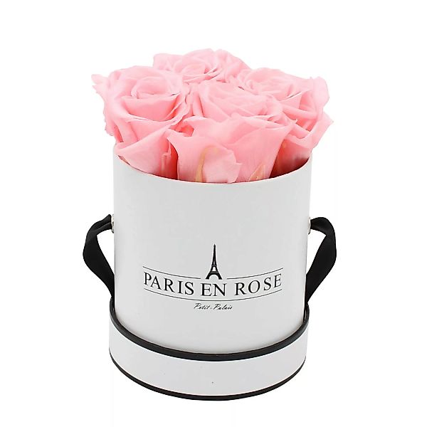 Rosenbox Ø 10 cm Weiß-Schwarz mit 4 Roten Rosen günstig online kaufen