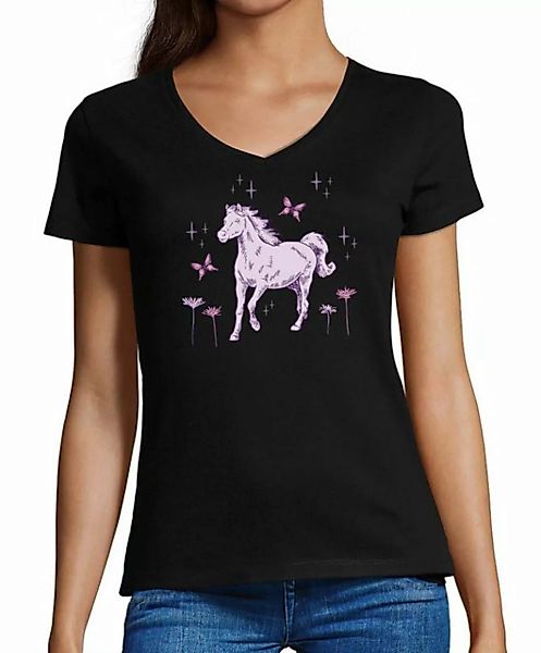 MyDesign24 T-Shirt Damen Pferde Print Shirt - Pferd mit Blumen V-Ausschnitt günstig online kaufen