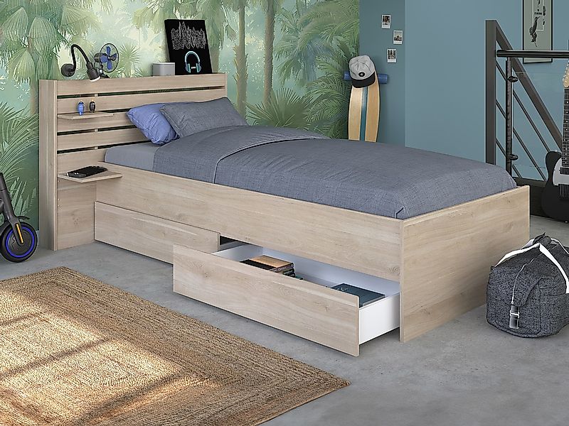 Bett 90 x 190/200 cm mit Stauraum + Lattenrost - Holzfarben - TENALIA günstig online kaufen