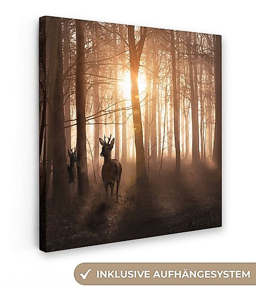 OneMillionCanvasses® Leinwandbild Wald - Hirsche - Sonne - Bäume - Winter - günstig online kaufen