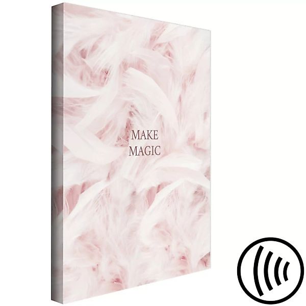 Leinwandbild Brauner Text Make magic - Abstraktion mit rosa Federn im Hinte günstig online kaufen