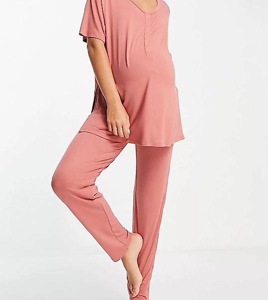 Lindex – MOM Mia – Pyjamaunterteil aus EcoVero mit Überbauchbund in dunklem günstig online kaufen