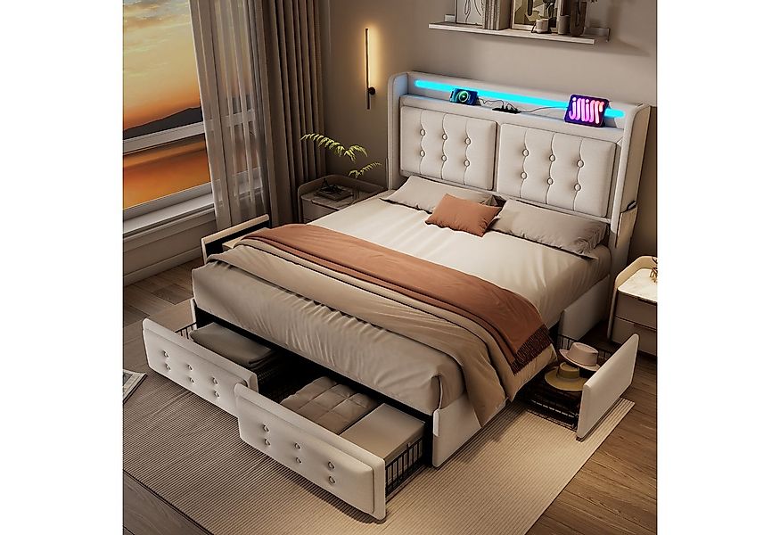 HAUSS SPOLE Polsterbett 180x200cm mit Led-Kopfteil, Ladefunktion und 4 Schu günstig online kaufen