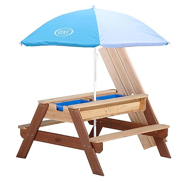 Axi Sand und Wasser Picknicktisch Nick Braun mit Sonnenschirm Blau Weiß günstig online kaufen