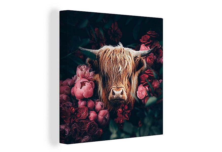 OneMillionCanvasses® Leinwandbild Kuh - Schottischer Highlander - Blumen - günstig online kaufen
