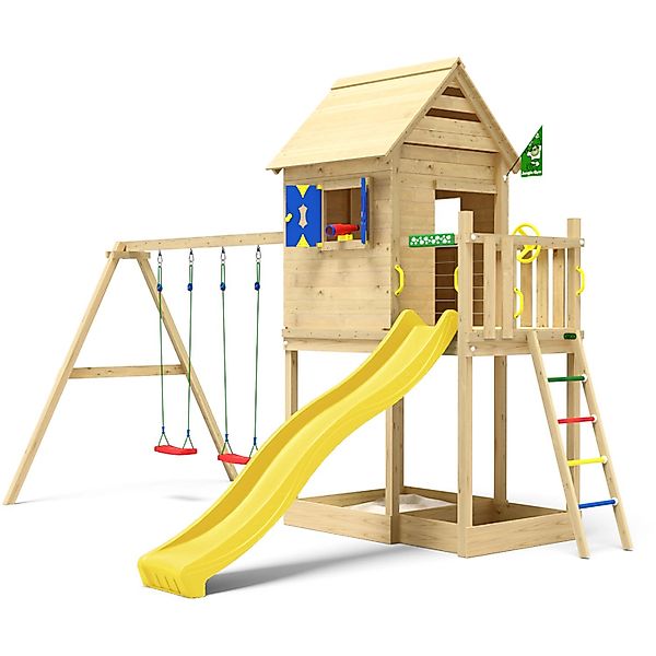 Jungle Gym Spielturm Holz Hideout mit Dach 2 Schaukeln Fensterl. Rutsche Ge günstig online kaufen