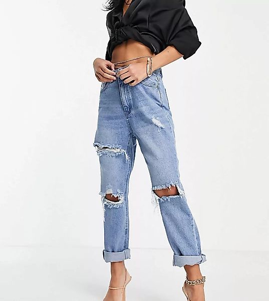 Missguided Petite – Dad-Jeans mit asymmetrischem Bund in Blau günstig online kaufen