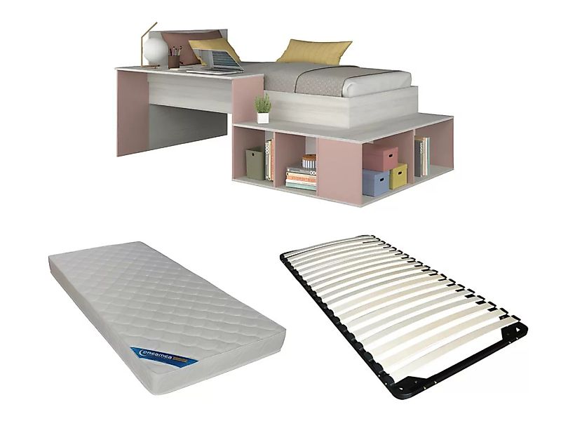 Kombi-Bett 90 x 200 cm mit Stauraum & Schreibtisch + Lattenrost + Matratze günstig online kaufen